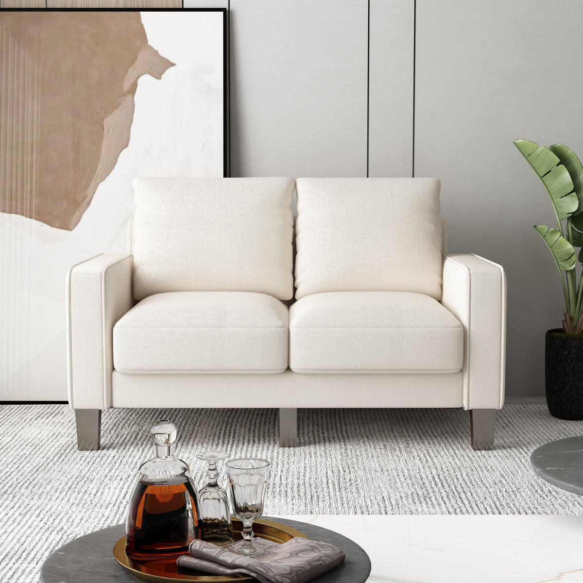 Modern Living Room Furniture Loveseat in Beige Fabric