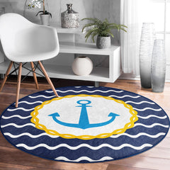 Blue Anchor Pattern Marine Decor Washable Round Rug | Homeezone